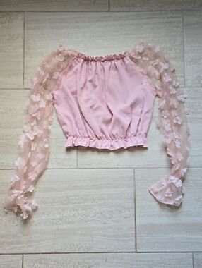Sheer Pink Floral-Applique Crop Blouse with Elastic Waist